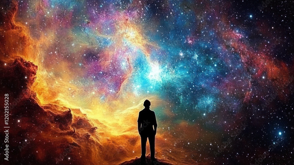 Silhouette of a man gazing at a vibrant nebula.