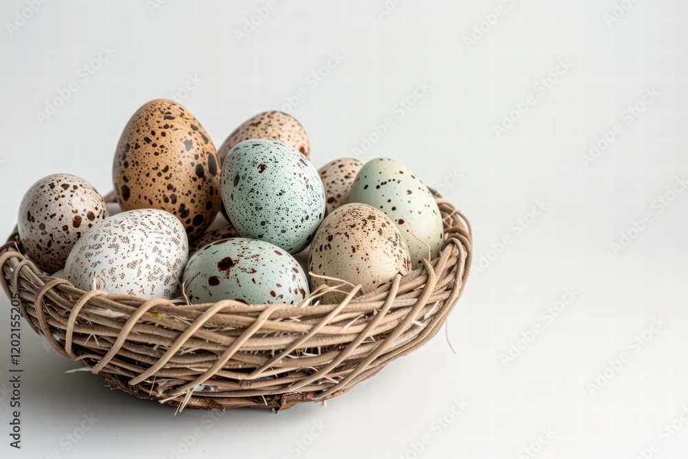 Wicker basket with Easter eggs in pastel shades on a white backdrop. Wicker basket with Easter eggs in pastel shades on a white backdrop.