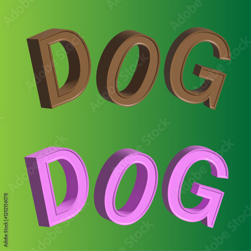 Color 3D text dog. Template. Funny children holidays text. Big text dog. Color text pink and brown. Green gradient background