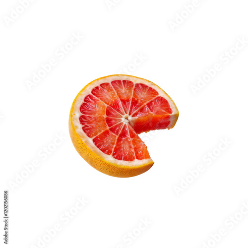 Ruby Red Grapefruit Slice: A vibrant, juicy slice of ruby red grapefruit, showcasing its rich, red segments and a single bite taken out, creating a tempting visual.   photo