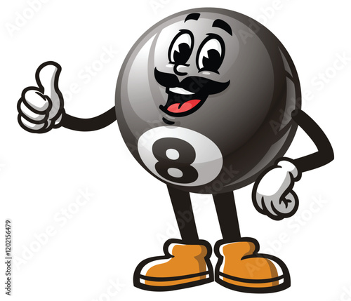 Billiard Ball with mustache,       Cartoon Character Mascot Illustration Vector Clip-art Hand-drawn Logo Design