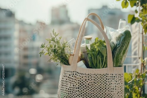 Natural ingredients in stylish bag against an urban backdrop, sh photo