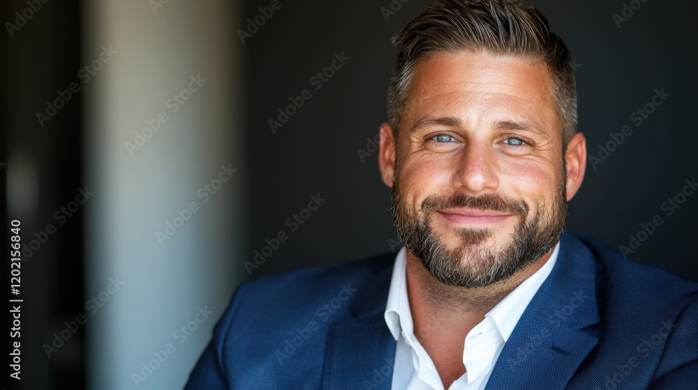 confident man in blue suit smiles warmly, showcasing professional appearance. His well groomed beard and bright blue eyes add to his approachable demeanor confident man in blue suit smiles warmly, showcasing professional appearance. His well groomed beard and bright blue eyes add to his approachable demeanor