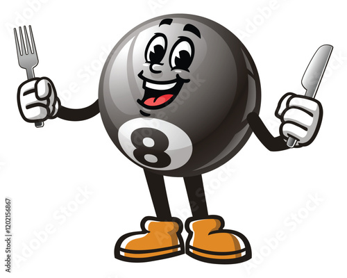 Billiard Ball with fork and knife,            Cartoon Character Mascot Illustration Vector Clip-art Hand-drawn Logo Design