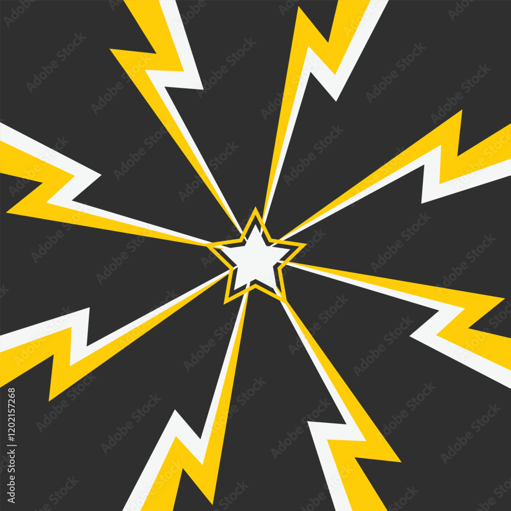 Color Thunderand and star in center background. Confrontation image illustration of thunder bolt. Flat illustration simple Vector. Template for comic. Style competition design template without text.