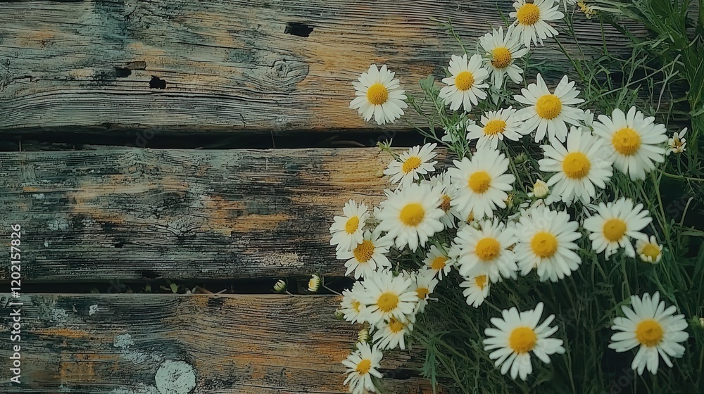 Obraz premium chamomile flowers on wooden background top view. Selective focus
