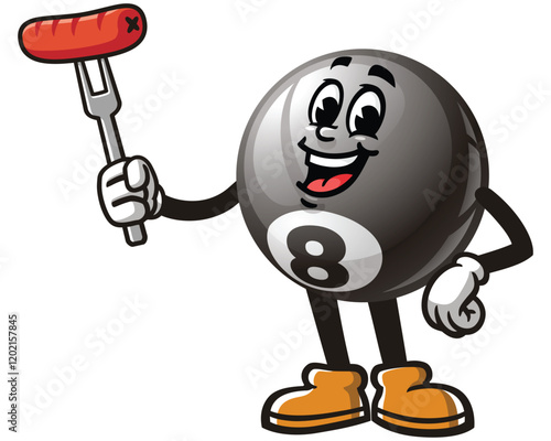 Billiard Ball holding Sausage,       Cartoon Character Mascot Illustration Vector Clip-art Hand-drawn Logo Design