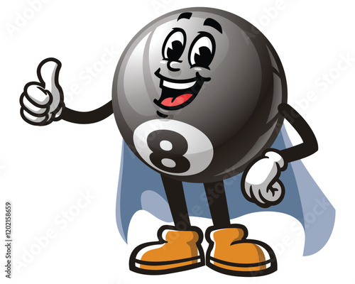 Billiard Ball with caped superhero style,      Cartoon Character Mascot Illustration Vector Clip-art Hand-drawn Logo Design