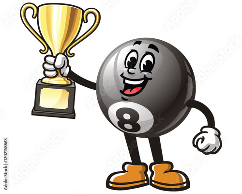 Billiard Ball holding a trophy,          Cartoon Character Mascot Illustration Vector Clip-art Hand-drawn Logo Design