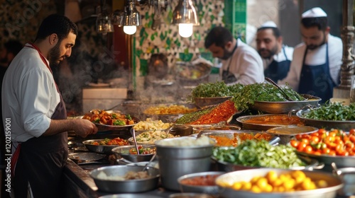 A bustling kitchen filled with people preparing traditional Ramadan food