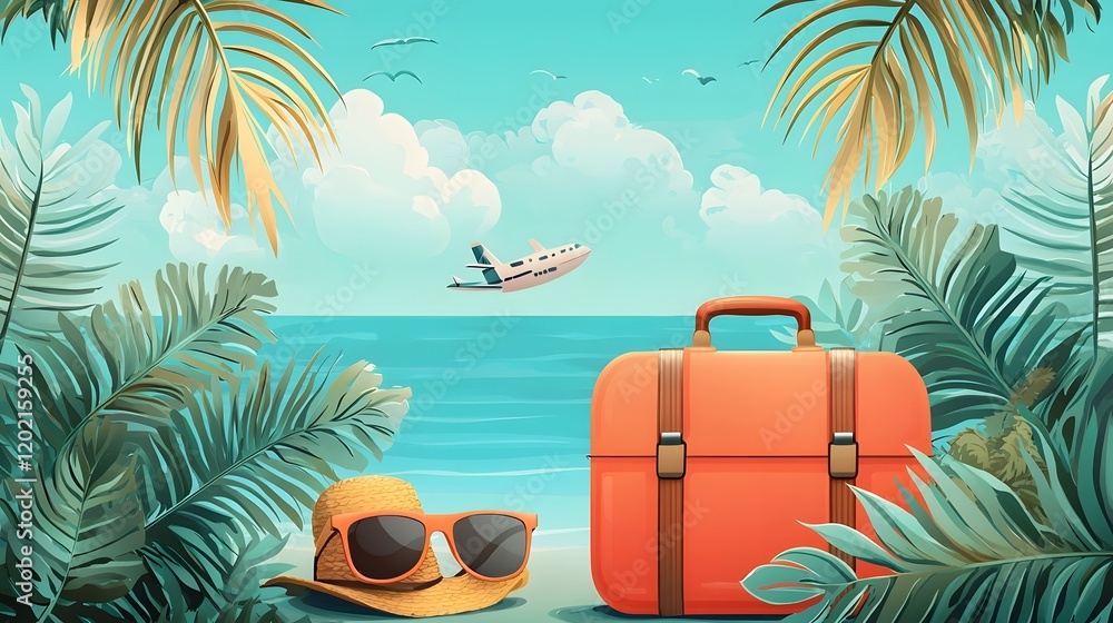 Obraz premium Minimalist showcasing essential holiday items for a vibrant summer travel setting including a bag suitcase passport sunglasses and other vacation necessities in a tropical scenic landscape