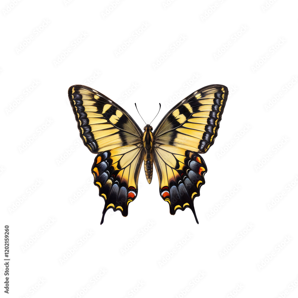 Fototapeta premium Swallowtail Butterfly: A stunning swallowtail butterfly with vibrant yellow, black, and red markings displays its delicate wings in a captivating close-up.