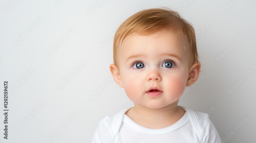 Close-Up Portrait of Infant Wearing Cochlear Implant in White Shirt Against Plain Background Close-Up Portrait of Infant Wearing Cochlear Implant in White Shirt Against Plain Background