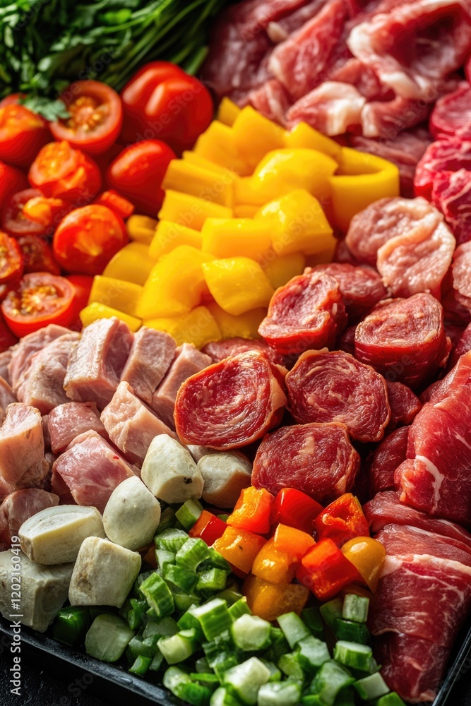 Meat and vegetable tray on table Meat and vegetable tray on table