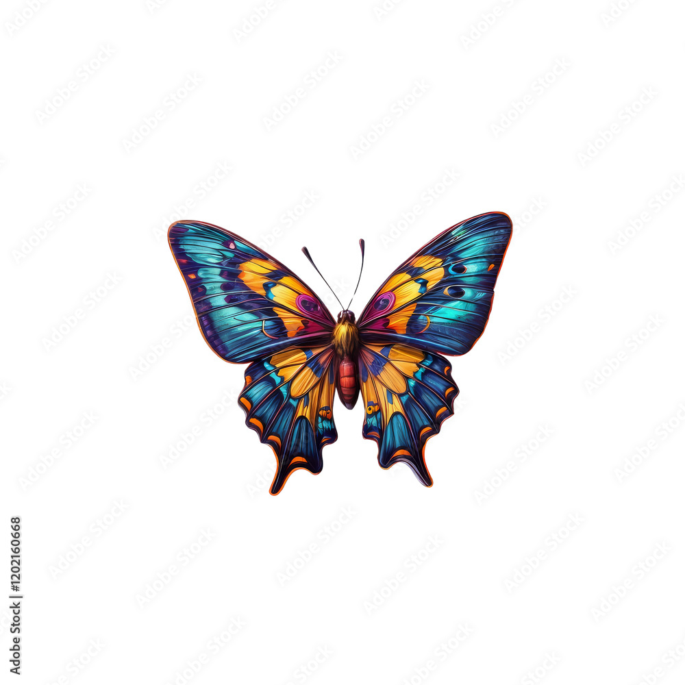 Vibrant Butterfly: A captivating butterfly with blue, yellow and red wings, showcasing intricate patterns and shimmering scales, a vibrant symbol of nature's beauty and delicate artistry. Vibrant Butterfly: A captivating butterfly with blue, yellow and red wings, showcasing intricate patterns and shimmering scales, a vibrant symbol of nature's beauty and delicate artistry.