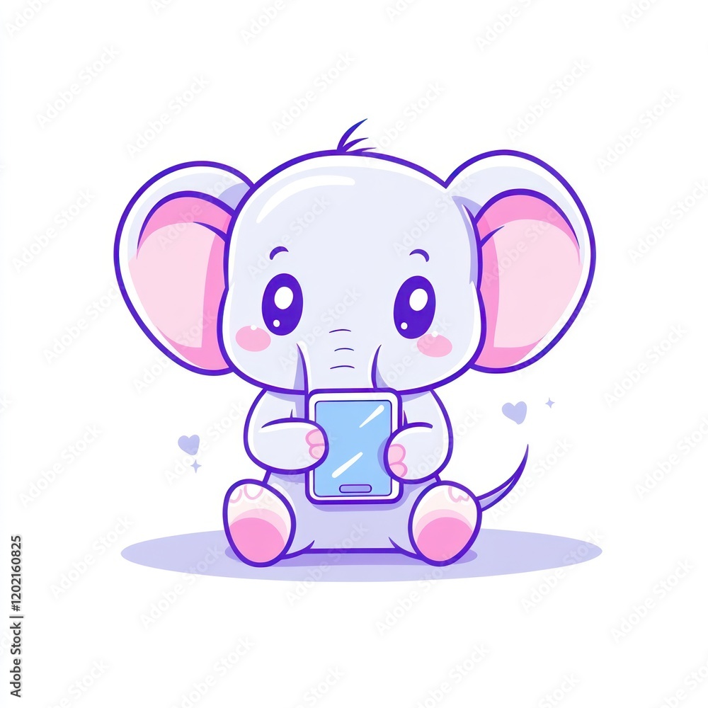 Cute baby elephant using smartphone, digital device, cartoon illustration, children's book Cute baby elephant using smartphone, digital device, cartoon illustration, children's book