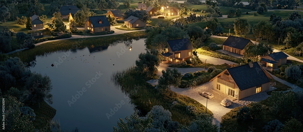 Obraz premium Aerial view rural homes by a lake with evening lighting, 3D illustration