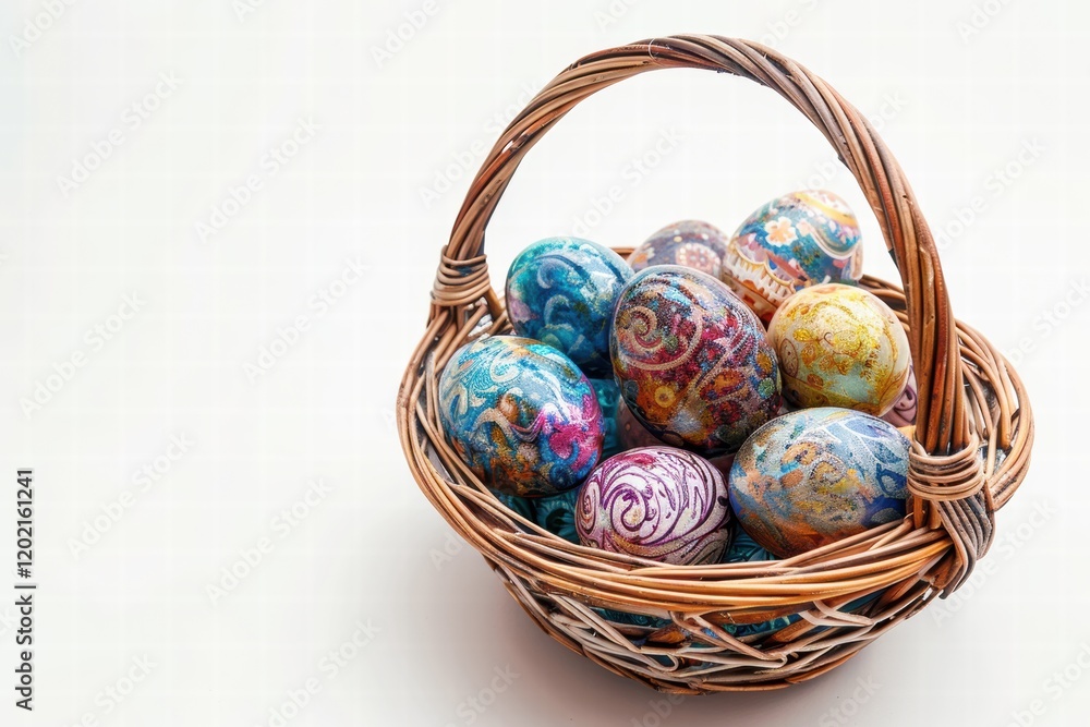 Basket filled with vibrant Easter eggs on a clean white background. Basket filled with vibrant Easter eggs on a clean white background.