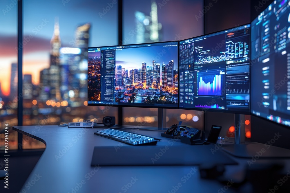 Modern workspace features multiple monitors displaying vibrant c Modern workspace features multiple monitors displaying vibrant c