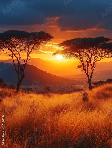 Wallpaper Mural African savanna sunset with acacia trees. Torontodigital.ca