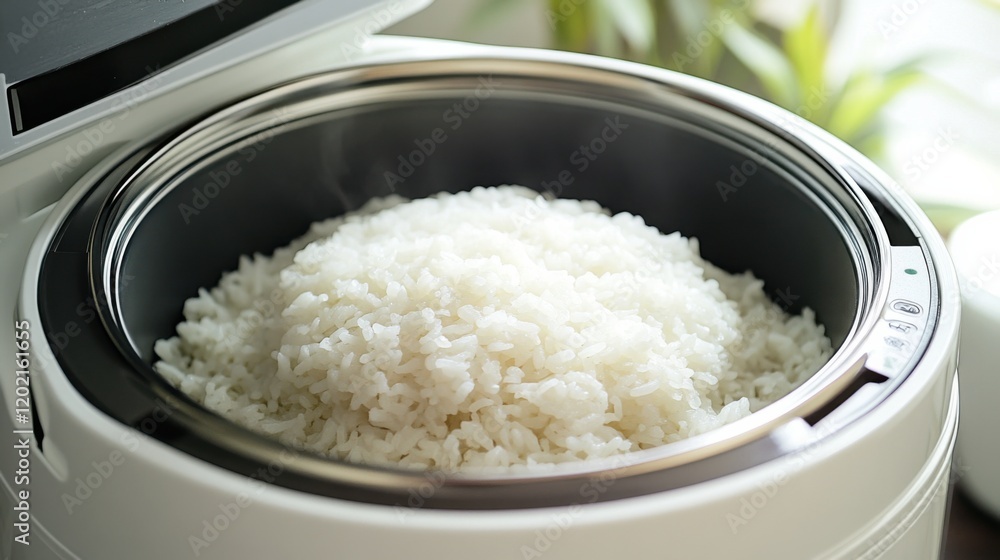 Modern rice cooker with freshly cooked rice. Emphasizing convenience and modern cooking technology. Ideal for appliance advertisements and cooking blogs. Modern rice cooker with freshly cooked rice. Emphasizing convenience and modern cooking technology. Ideal for appliance advertisements and cooking blogs.