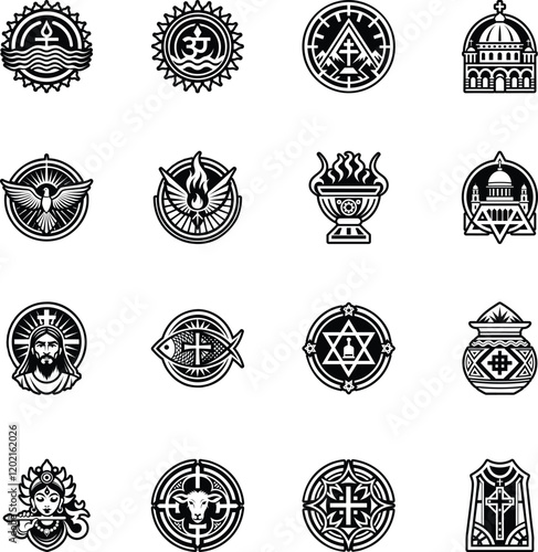 Set of Glyph Style Hindu and Christian Religious Symbol Icons  

