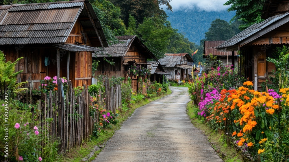 Charming rural street with colorful flowers and quaint wooden cottages in a serene countryside setting. Generative AI Charming rural street with colorful flowers and quaint wooden cottages in a serene countryside setting. Generative AI