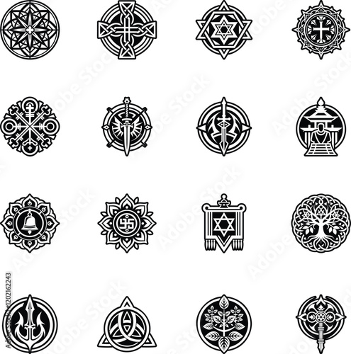 Collection of Glyph Style Religious Tattoo Icons 

