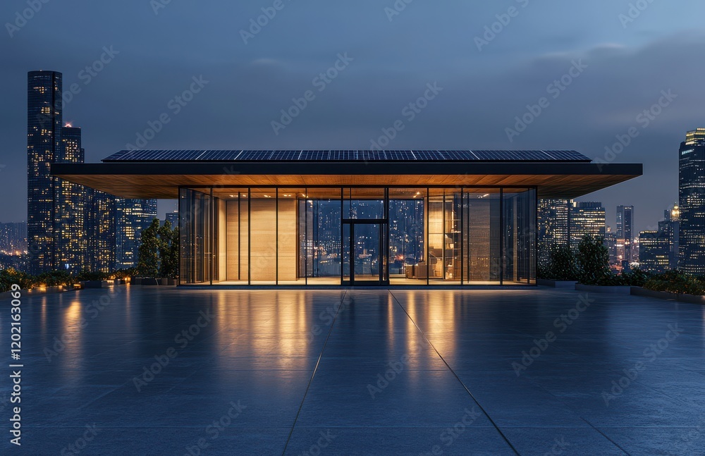 Modern architectural design of a sleek glass house featuring eco-friendly solar panels, set against a city skyline during twilight, showcasing urban elegance and innovation.