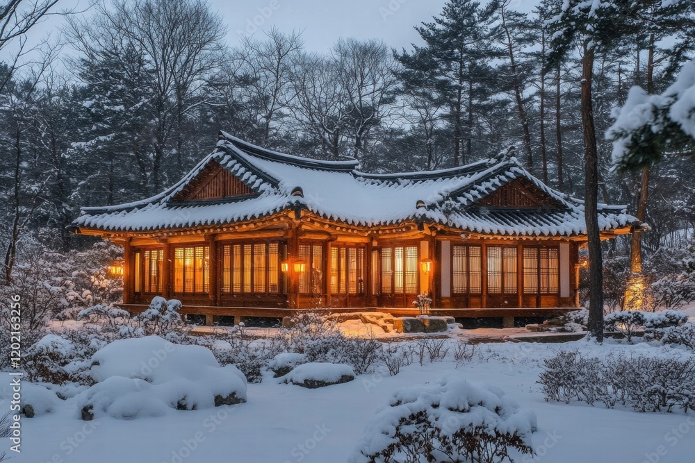 Traditional Korean architecture surrounded by snow in a serene winter landscape at dusk. Generative AI Traditional Korean architecture surrounded by snow in a serene winter landscape at dusk. Generative AI