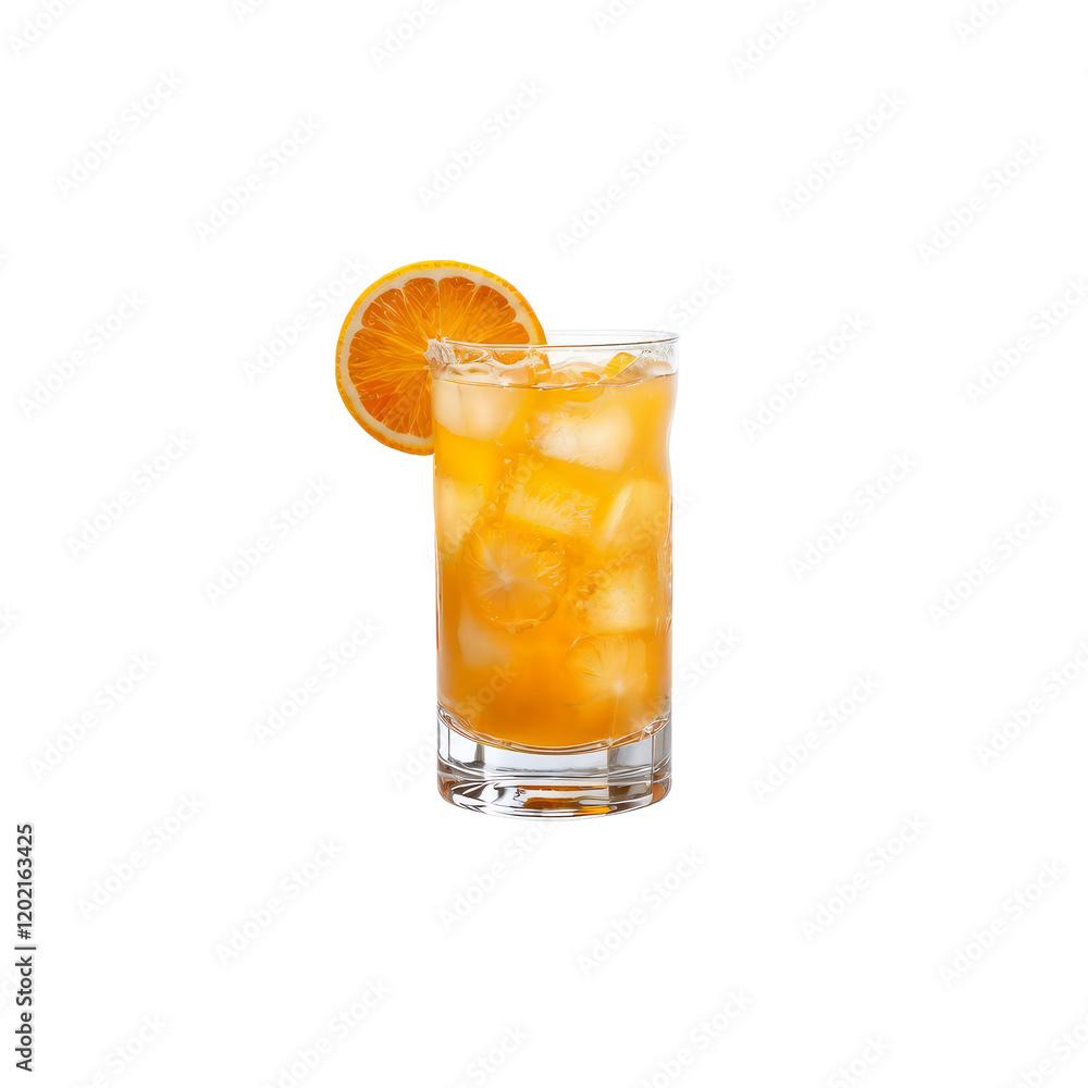 Refreshing Orange Juice: A tall glass brimming with chilled orange juice and ice cubes is garnished with a fresh orange slice, evoking the taste of summer and invigorating refreshment. 
