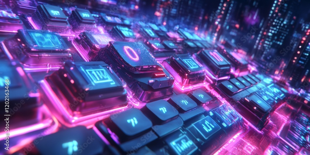 Cyberpunk cityscape with glowing digital blocks Cyberpunk cityscape with glowing digital blocks