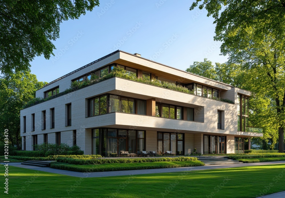 Modern Architectural Design of a Stunning Residential House Surrounded by Lush Greenery in Bright Daylight with Clear Blue Sky Above Modern Architectural Design of a Stunning Residential House Surrounded by Lush Greenery in Bright Daylight with Clear Blue Sky Above