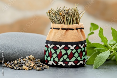 Traditional Native American medicine pouch filled with herbs and placed on a stone surface photo