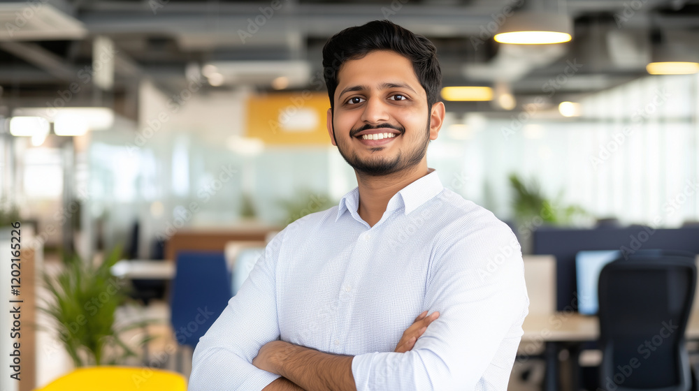 Portrait of Cheerful Indian Man in Office Setting A joyful and confident Indian male office employee stands in a contemporary coworking space, arms crossed, looking at the camera w Portrait of Cheerful Indian Man in Office Setting A joyful and confident Indian male office employee stands in a contemporary coworking space, arms crossed, looking at the camera w