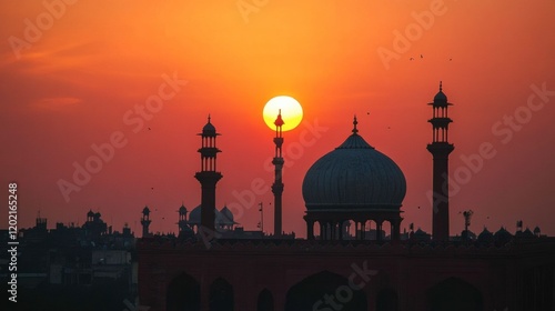 A vibrant sunset with a silhouette of minarets and domes photo