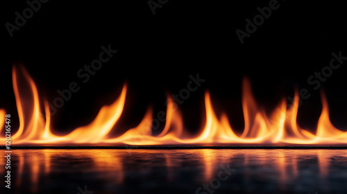 Flames Burning in Slow Motion on a Dark Canvas. Captured in slow motion, flames burn brightly against a dark black background, creating an intense yet graceful visual effect. The d photo