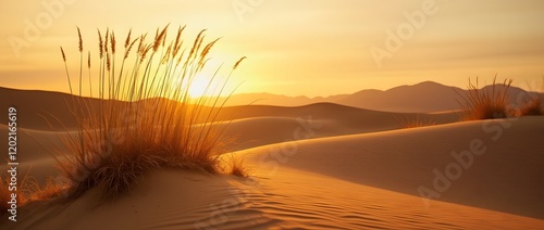 Golden Sand Dunes in a Serene Desert Landscape with Ripples