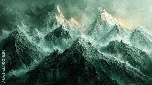 Imposing dark green mountains evoke a sense of majestic wilderness. Ideal for fantasy art, book covers, or album art that needs a touch of epic grandeur. photo