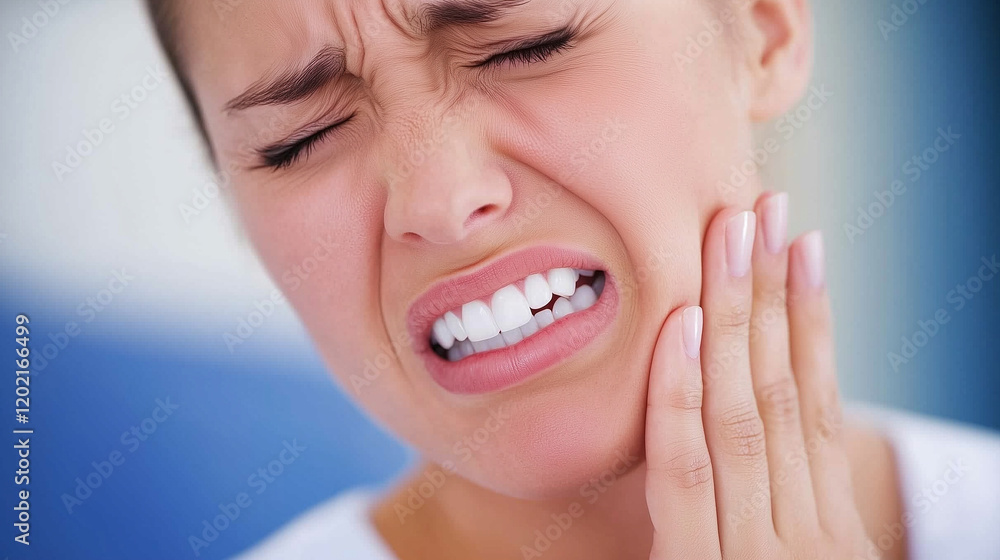 Obraz premium A close-up image of a young woman at home, grimacing in pain from a toothache. She is holding her cheek or jaw, visibly distressed, with a hand pressing against the affected area.