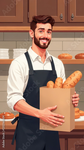 Baker Packaging Baguette Bread in a Bakery: Craftsmanship and Freshness