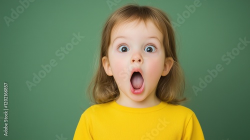 Child Expressing Surprise With Open Mouth During Speech Therapy Session Focused on Phonology Disorders on a Green Background