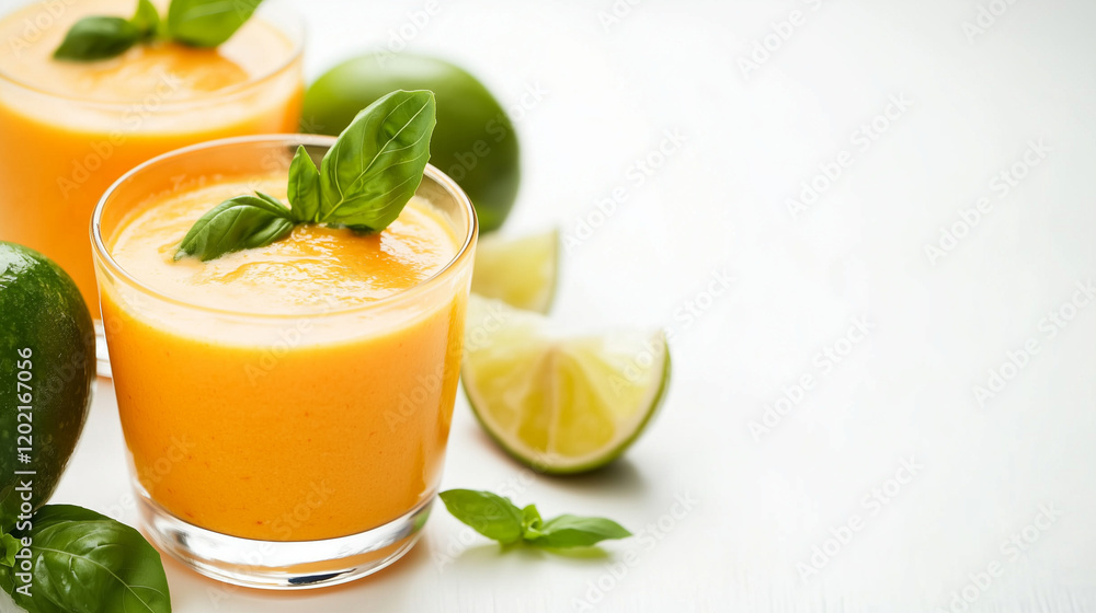 Delicious Tomato Soup Bowl with Cream Decoration and Basil Garnish on White Background Delicious Tomato Soup Bowl with Cream Decoration and Basil Garnish on White Background