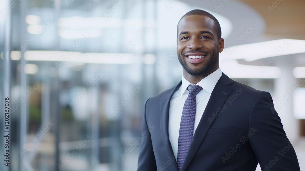 Professional businessman in a formal suit confidently standing and smiling in a modern office environment. Perfect representation of success, leadership, confidence Professional businessman in a formal suit confidently standing and smiling in a modern office environment. Perfect representation of success, leadership, confidence