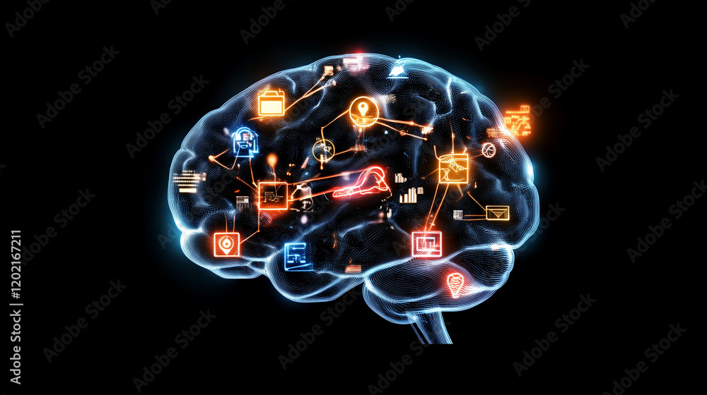 Obraz premium illustration of a digital brain with glowing icons representing artificial intelligence and neural networks, symbolizing the integration of technology