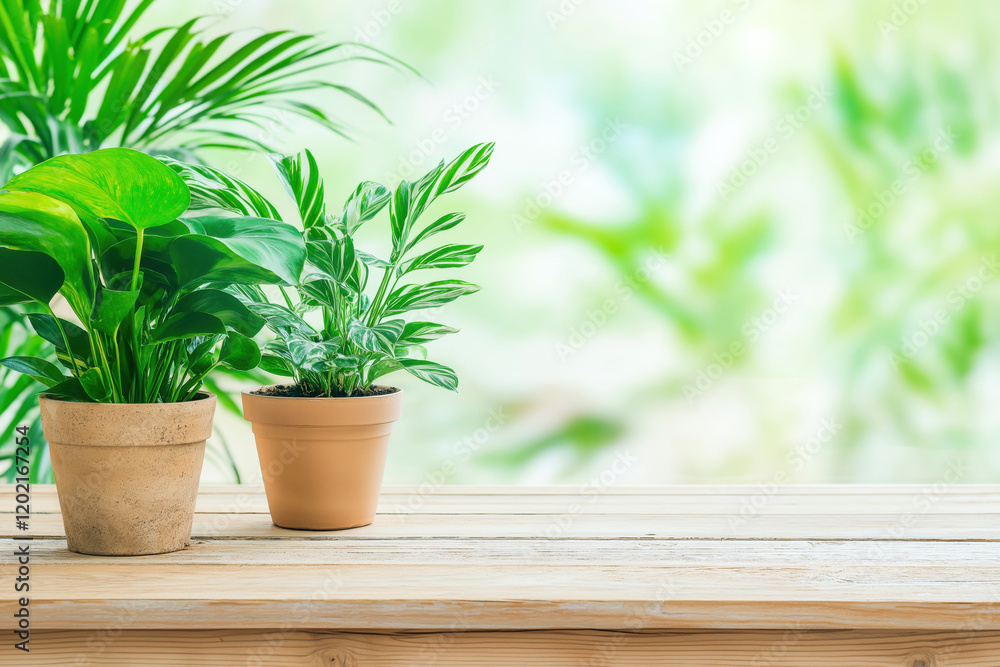 Fototapeta premium Potted plants sitting on wooden table with blurred green foliage background