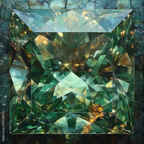 A mesmerizing green gemstone painting with intricate facets reflecting light. Ideal for luxurious backgrounds or jewelry designs.