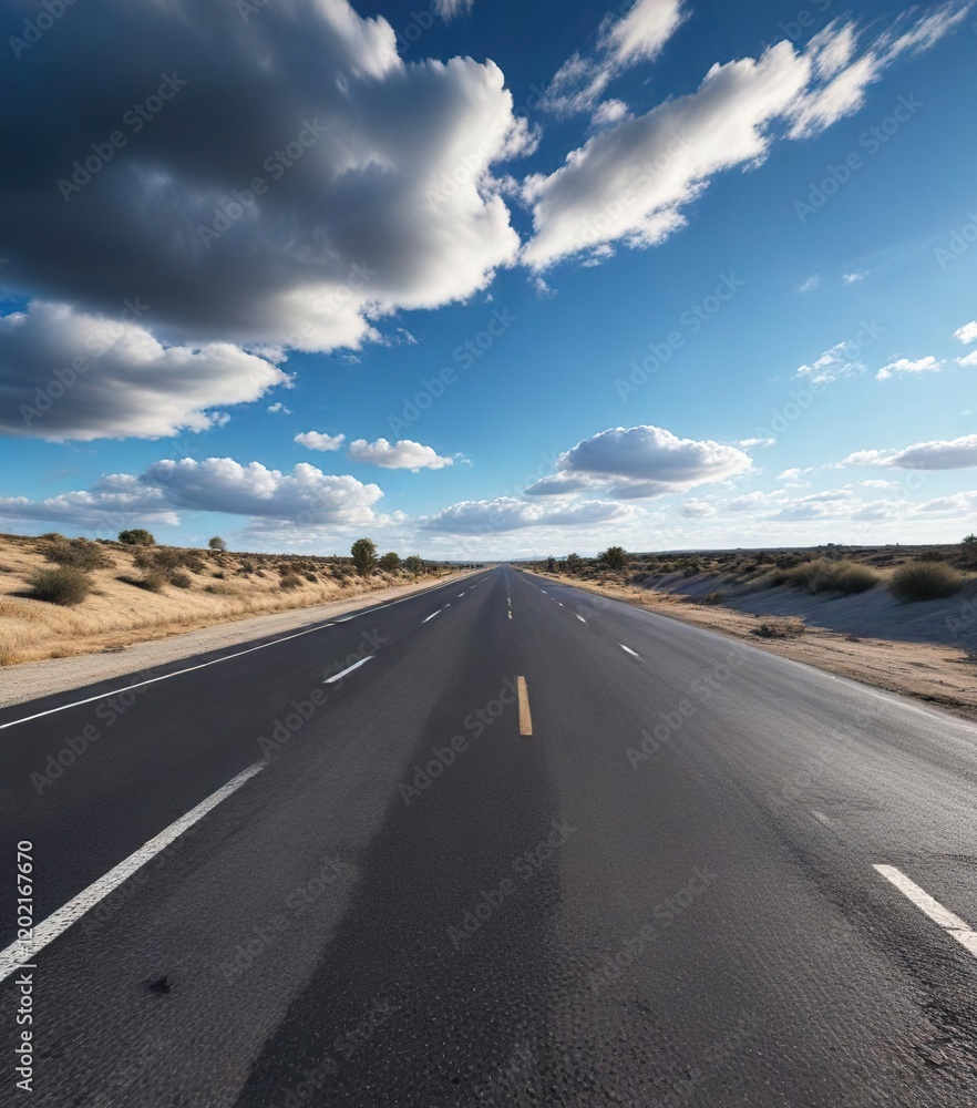Naklejka premium A long stretch of asphalt road disappears into the distance under a brilliant blue sky with a few wispy clouds, landscape, blue