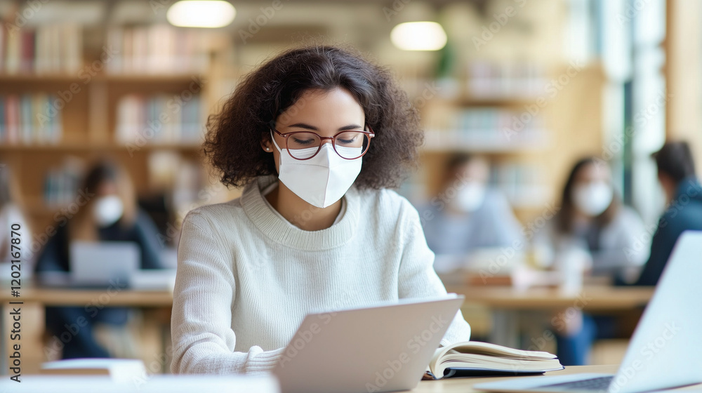 In a spacious university library, students sit at designated desks, wearing face masks and keeping social distance. Books, notebooks, and laptops are spread out in front of them as In a spacious university library, students sit at designated desks, wearing face masks and keeping social distance. Books, notebooks, and laptops are spread out in front of them as
