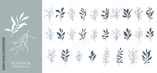 Greenery Line Art. Botanical Background trendy minimalist leaves and branches. Hand drawn floral elements. Floral Line Art Illustration. Luxury Line Floral Art.